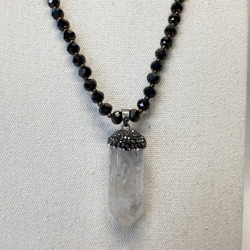 Chunky Quartz Crystal Necklace Faceted Black‎ Glass Beads Long Length Wimsigoth